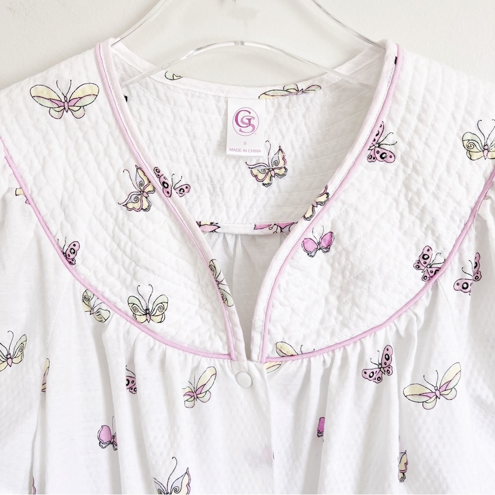 Butterfly Housecoat Snap Front Nightgown Pajama Lounge Dress White Pink Small - Picture 5 of 12